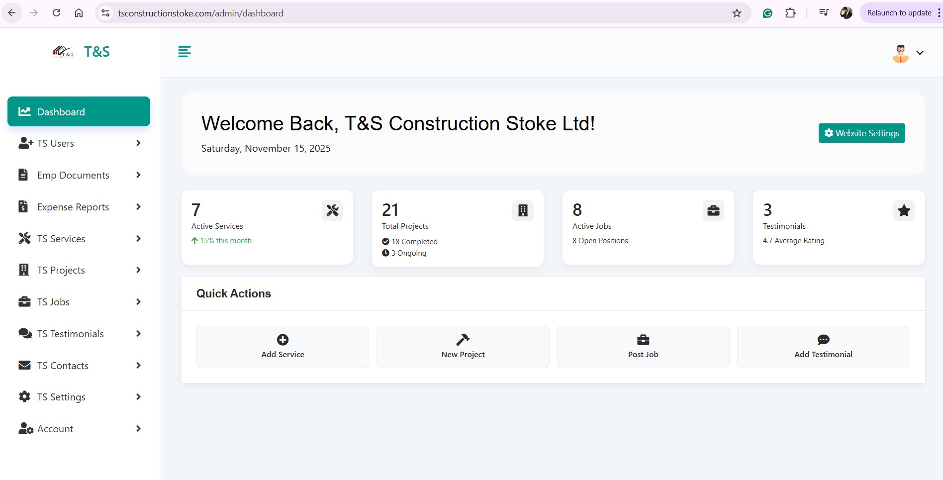 TS Constructions Stoke Ltd, UK – Website & Complete Business Management System